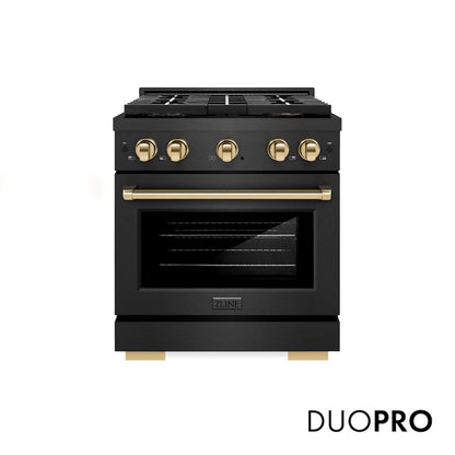 ZLINE Autograph Edition 30 in. 4.2 cu. ft. Paramount Dual Fuel Range with 4 Burner DuoPro™ Cooktop and Electric Convection Oven in Black Satin Stainless Steel and Polished Gold Accents (PSDRBSZ-30-G) front, with DuoPro™ logo.