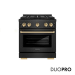 ZLINE Autograph Edition 30 in. 4.2 cu. ft. Paramount Dual Fuel Range with 4 Burner DuoPro™ Cooktop and Electric Convection Oven in Black Satin Stainless Steel and Polished Gold Accents, Open Box-Good Condition