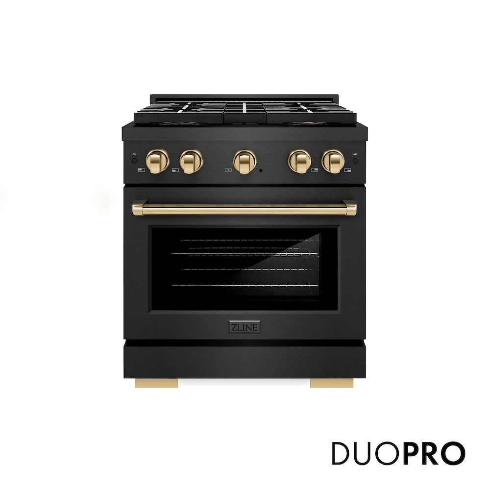 ZLINE Autograph Edition 30 in. 4.2 cu. ft. Paramount Dual Fuel Range with 4 Burner DuoPro™ Cooktop and Electric Convection Oven in Black Satin Stainless Steel and Polished Gold Accents, Open Box-Good Condition