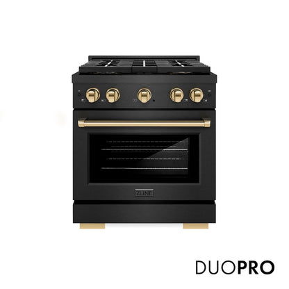 ZLINE Autograph Edition 30 in. 4.2 cu. ft. Paramount Dual Fuel Range with 4 Burner DuoPro™ Cooktop and Electric Convection Oven in Black Satin Stainless Steel and Polished Gold Accents, Open Box-Good Condition