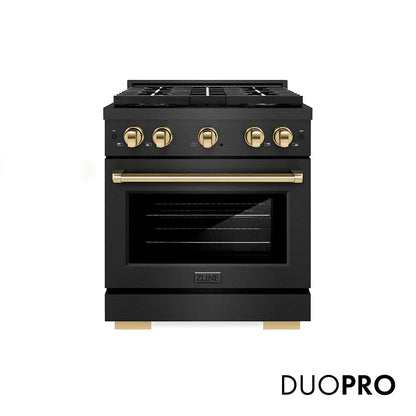 ZLINE Autograph Edition 30 in. 4.2 cu. ft. Paramount Dual Fuel Range with 4 Burner DuoPro™ Cooktop and Electric Convection Oven in Black Satin Stainless Steel and Polished Gold Accents, Open Box-Great Condition