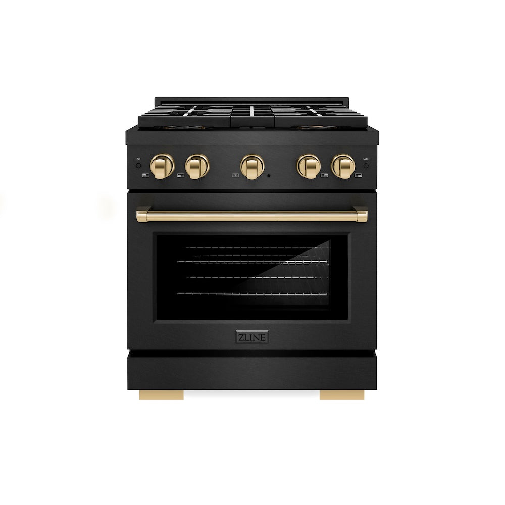 ZLINE Autograph Edition 30 in. 4.2 cu. ft. Paramount Dual Fuel Range with 4 Burner DuoPro™ Cooktop and Electric Convection Oven in Black Satin Stainless Steel and Polished Gold Accents, Open Box-Good Condition