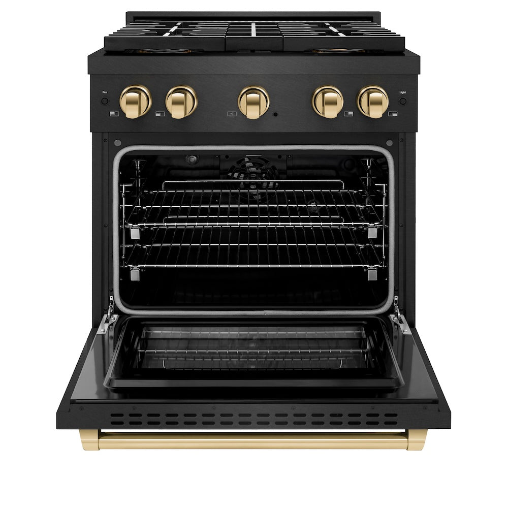 ZLINE Autograph Edition 30 in. 4.2 cu. ft. Paramount Dual Fuel Range with 4 Burner DuoPro™ Cooktop and Electric Convection Oven in Black Satin Stainless Steel and Polished Gold Accents, Open Box-Good Condition