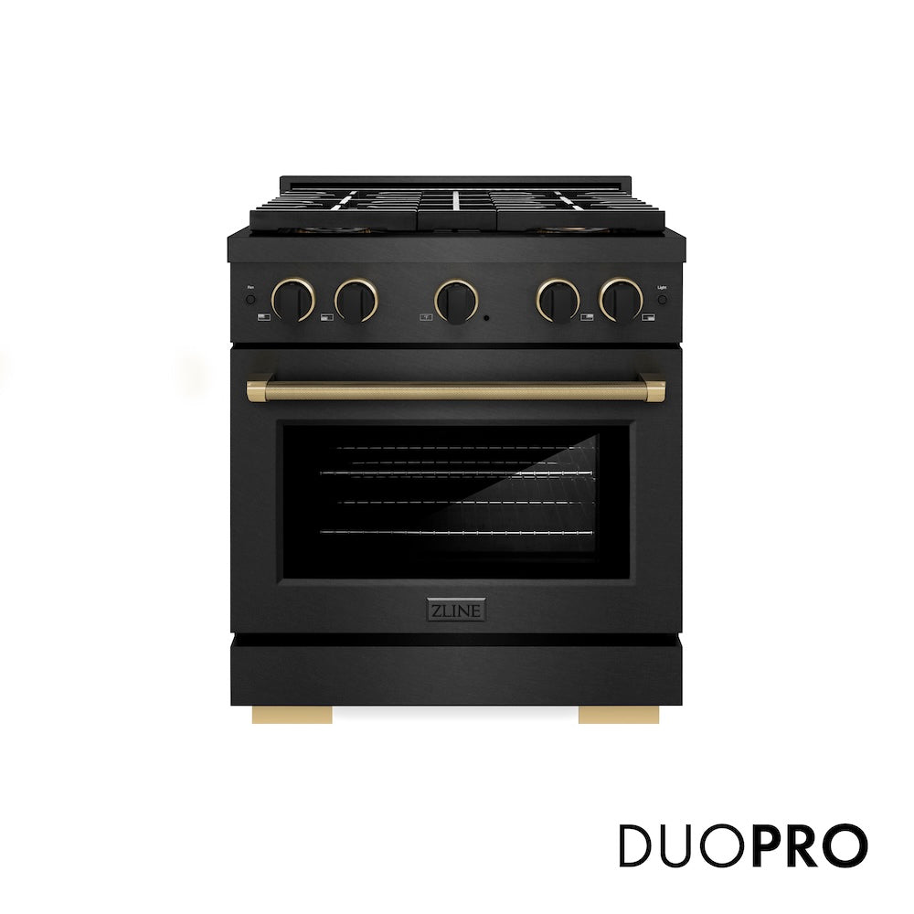 ZLINE Designer Collection 30 in. 4.2 cu. ft. Paramount Dual Fuel Range with 4 Burner DuoPro™ Cooktop and Electric Convection Oven in Black Satin Stainless Steel with Matte Black and Champagne Bronze Accents, Open Box-Good Condition