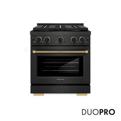 ZLINE Designer Collection 30 in. 4.2 cu. ft. Paramount Dual Fuel Range with 4 Burner DuoPro™ Cooktop and Electric Convection Oven in Black Satin Stainless Steel with Matte Black and Champagne Bronze Accents, Open Box-Good Condition