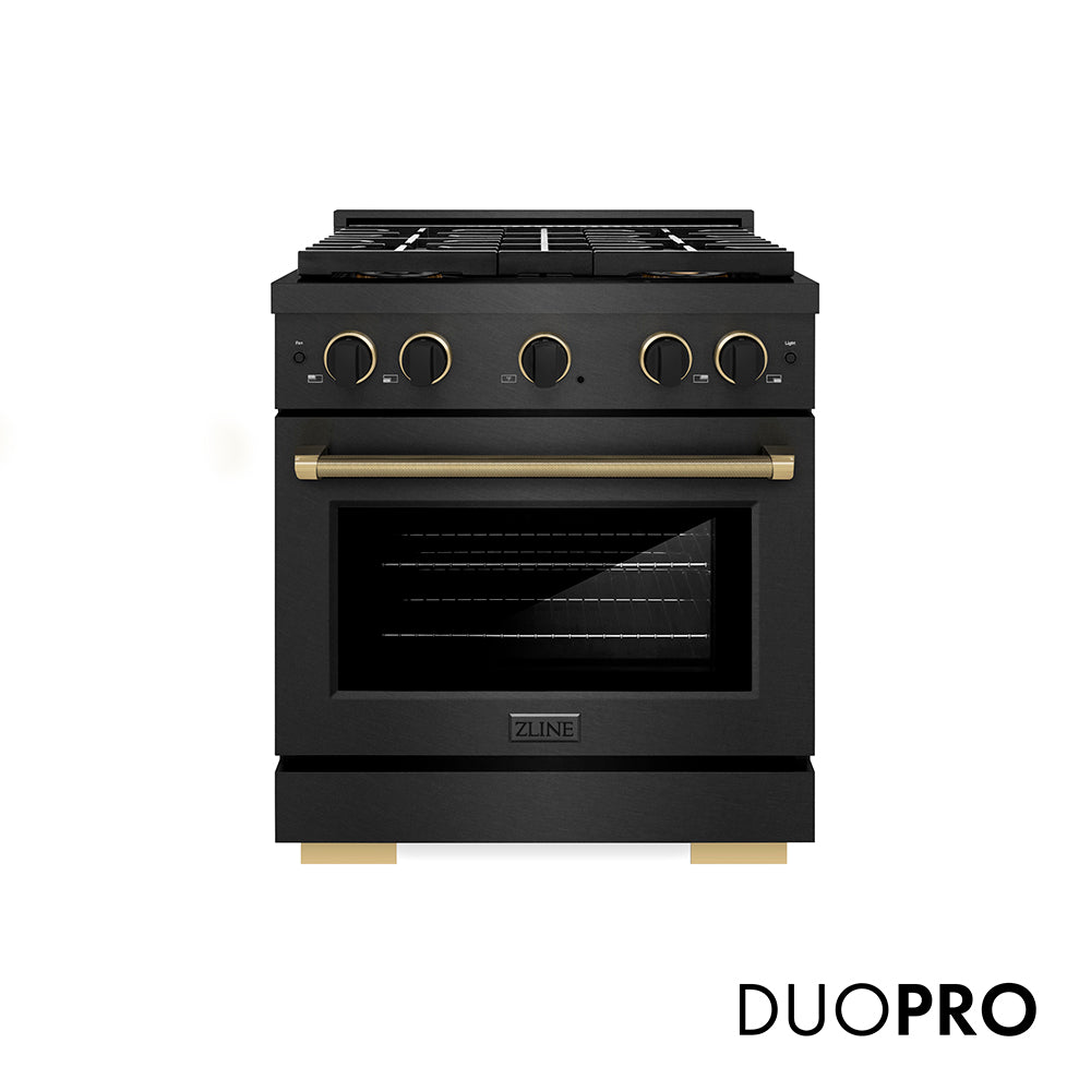 ZLINE Designer Collection 30 in. 4.2 cu. ft. Paramount Dual Fuel Range with 4 Burner DuoPro™ Cooktop and Electric Convection Oven in Black Satin Stainless Steel with Matte Black and Champagne Bronze Accents, Open Box-Great Condition main image.