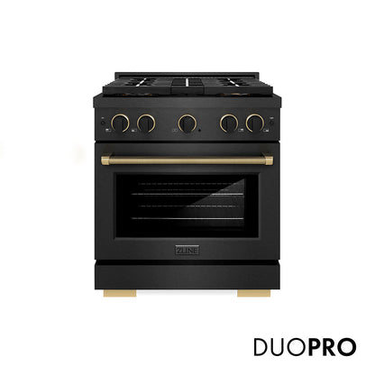 ZLINE Designer Collection 30 in. 4.2 cu. ft. Paramount Dual Fuel Range with 4 Burner DuoPro™ Cooktop and Electric Convection Oven in Black Satin Stainless Steel with Matte Black and Champagne Bronze Accents, Open Box-Great Condition