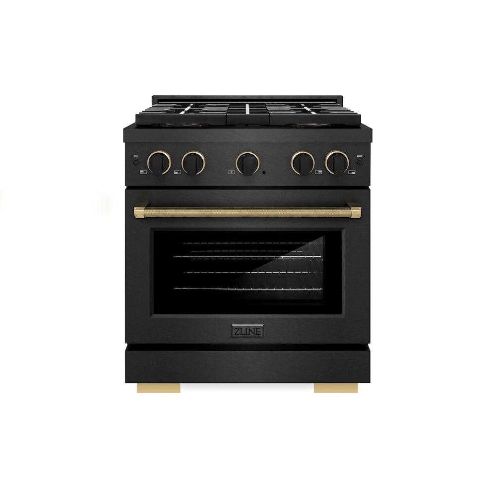 ZLINE Designer Collection 30 in. 4.2 cu. ft. Paramount Dual Fuel Range with 4 Burner DuoPro™ Cooktop and Electric Convection Oven in Black Satin Stainless Steel with Matte Black and Champagne Bronze Accents, Open Box-Good Condition