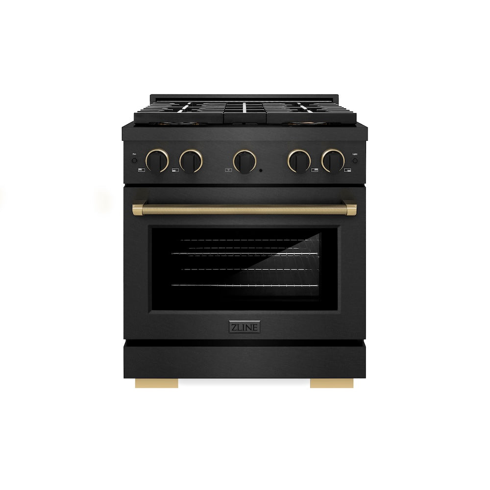 ZLINE Designer Collection 30 in. 4.2 cu. ft. Paramount Dual Fuel Range with 4 Burner DuoPro™ Cooktop and Electric Convection Oven in Black Satin Stainless Steel with Matte Black and Champagne Bronze Accents (PSDRBSZ-30-MBCB) front.