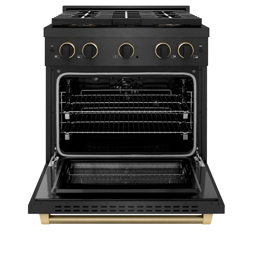 ZLINE Designer Collection 30 in. 4.2 cu. ft. Paramount Dual Fuel Range with 4 Burner DuoPro™ Cooktop and Electric Convection Oven in Black Satin Stainless Steel with Matte Black and Champagne Bronze Accents, Open Box-Good Condition