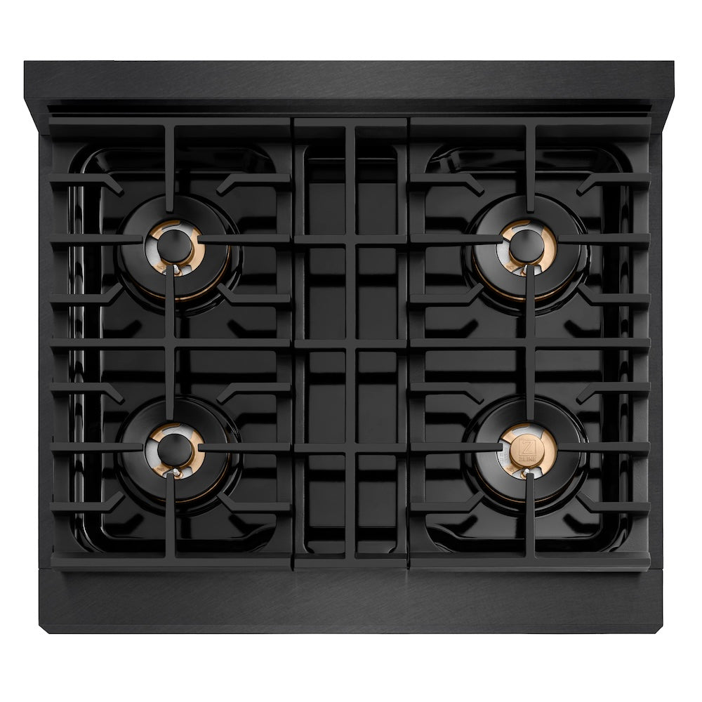 ZLINE Designer Collection 30 in. 4.2 cu. ft. Paramount Dual Fuel Range with 4 Burner DuoPro™ Cooktop and Electric Convection Oven in Black Satin Stainless Steel with Matte Black and Champagne Bronze Accents, Open Box-Good Condition