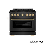ZLINE Autograph Edition 36 in. 5.2 cu. ft. Paramount Dual Fuel Range with 6 Burner DuoPro™ Cooktop and Electric Convection Oven in Black Satin Stainless Steel and Champagne Bronze Accents (PSDRBSZ-36-CB) front, with DuoPro™ logo.