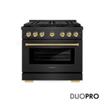ZLINE Autograph Edition 36 in. 5.2 cu. ft. Paramount Dual Fuel Range with 6 Burner DuoPro™ Cooktop and Electric Convection Oven in Black Satin Stainless Steel and Champagne Bronze Accents, Open Box-Good Condition