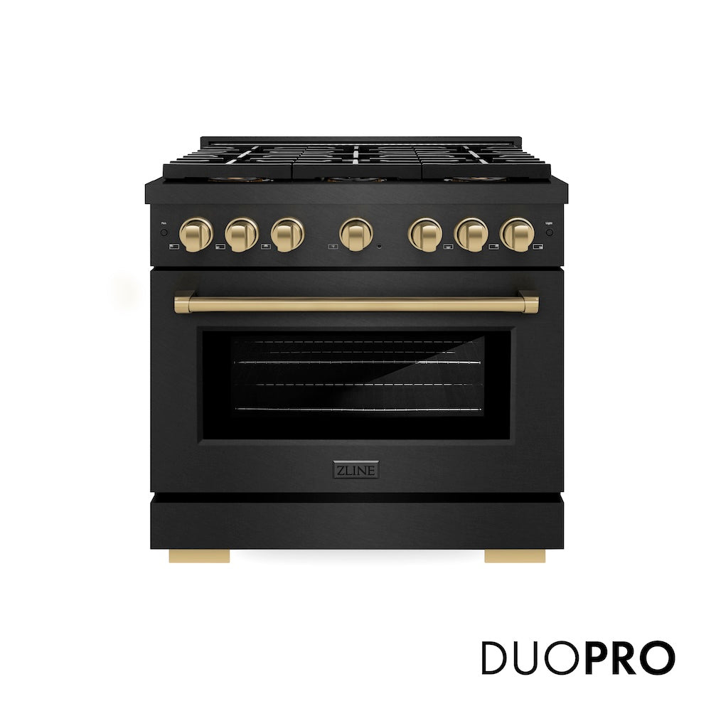 ZLINE Autograph Edition 36 in. 5.2 cu. ft. Paramount Dual Fuel Range with 6 Burner DuoPro™ Cooktop and Electric Convection Oven in Black Satin Stainless Steel and Champagne Bronze Accents, Open Box-Good Condition