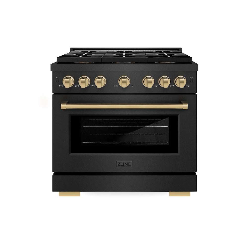 ZLINE Autograph Edition 36 in. 5.2 cu. ft. Paramount Dual Fuel Range with 6 Burner DuoPro™ Cooktop and Electric Convection Oven in Black Satin Stainless Steel and Champagne Bronze Accents, Open Box-Good Condition