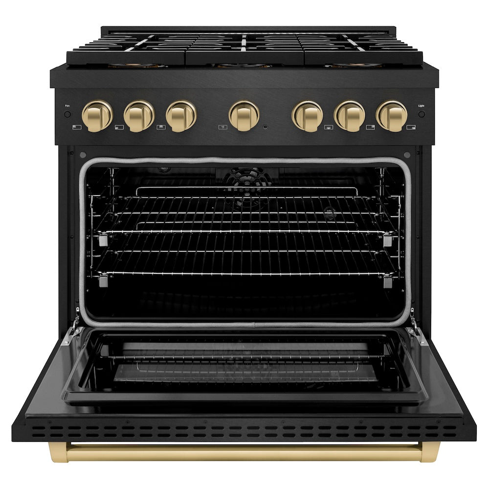 ZLINE Autograph Edition 36 in. 5.2 cu. ft. Paramount Dual Fuel Range with 6 Burner DuoPro™ Cooktop and Electric Convection Oven in Black Satin Stainless Steel and Champagne Bronze Accents, Open Box-Good Condition