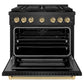 ZLINE Autograph Edition 36 in. 5.2 cu. ft. Paramount Dual Fuel Range with 6 Burner DuoPro™ Cooktop and Electric Convection Oven in Black Satin Stainless Steel and Champagne Bronze Accents (PSDRBSZ-36-CB) front, oven open.