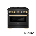 ZLINE Autograph Edition 36 in. 5.2 cu. ft. Paramount Dual Fuel Range with 6 Burner DuoPro™ Cooktop and Electric Convection Oven in Black Satin Stainless Steel and Polished Gold Accents (PSDRBSZ-36-G) front, with DuoPro™ logo.