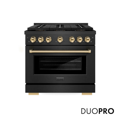 ZLINE Autograph Edition 36 in. 5.2 cu. ft. Paramount Dual Fuel Range with 6 Burner DuoPro™ Cooktop and Electric Convection Oven in Black Satin Stainless Steel and Polished Gold Accents (PSDRBSZ-36-G) front, with DuoPro™ logo.