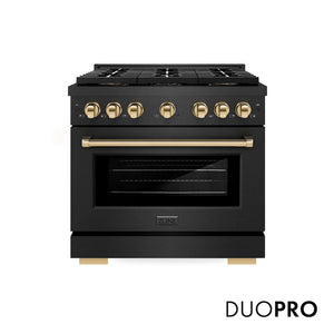 ZLINE Autograph Edition 36 in. 5.2 cu. ft. Paramount Dual Fuel Range with 6 Burner DuoPro™ Cooktop and Electric Convection Oven in Black Satin Stainless Steel and Polished Gold Accents, Open Box-Good Condition main image.