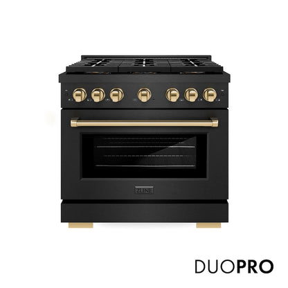 ZLINE Autograph Edition 36 in. 5.2 cu. ft. Paramount Dual Fuel Range with 6 Burner DuoPro™ Cooktop and Electric Convection Oven in Black Satin Stainless Steel and Polished Gold Accents, Open Box-Good Condition
