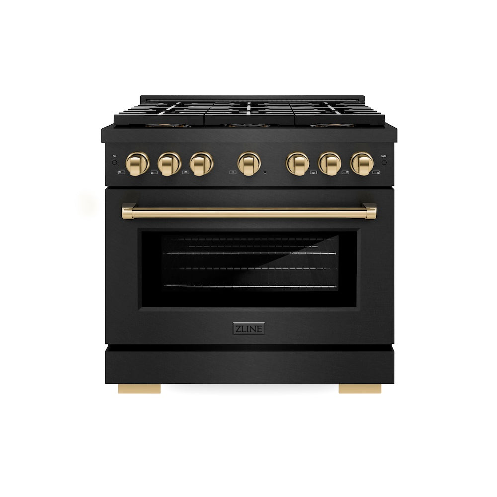 ZLINE Autograph Edition 36 in. 5.2 cu. ft. Paramount Dual Fuel Range with 6 Burner DuoPro™ Cooktop and Electric Convection Oven in Black Satin Stainless Steel and Polished Gold Accents (PSDRBSZ-36-G) front.