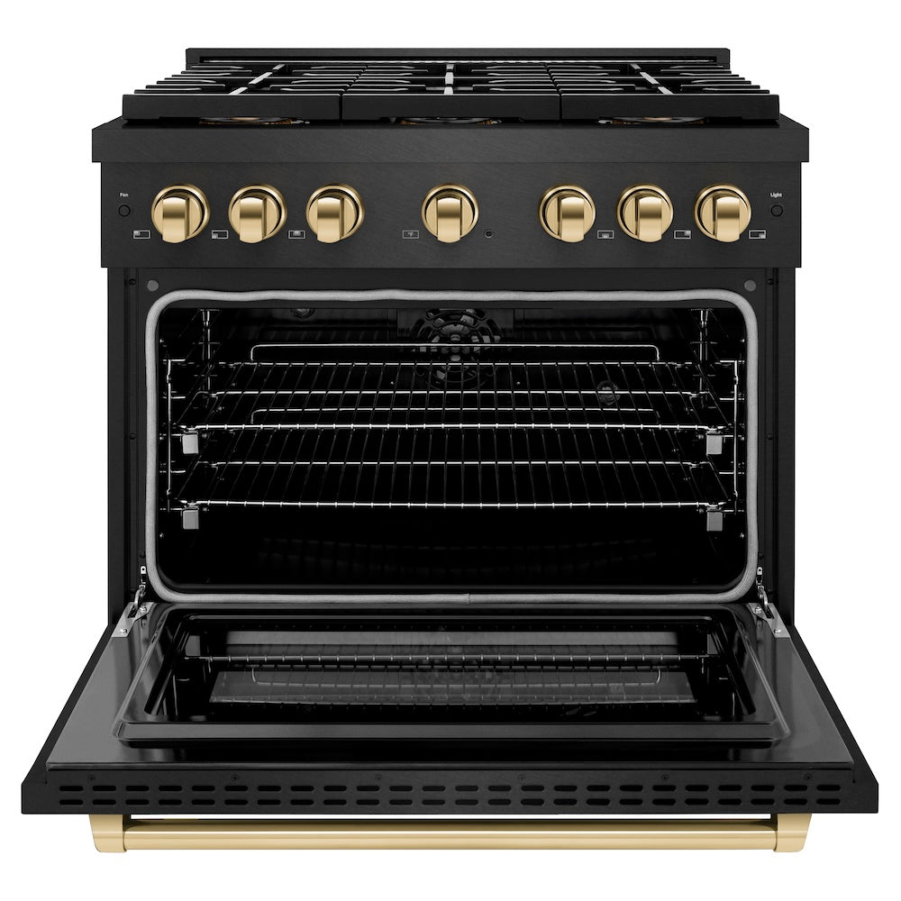 ZLINE Autograph Edition 36 in. 5.2 cu. ft. Paramount Dual Fuel Range with 6 Burner DuoPro™ Cooktop and Electric Convection Oven in Black Satin Stainless Steel and Polished Gold Accents, Open Box-Good Condition
