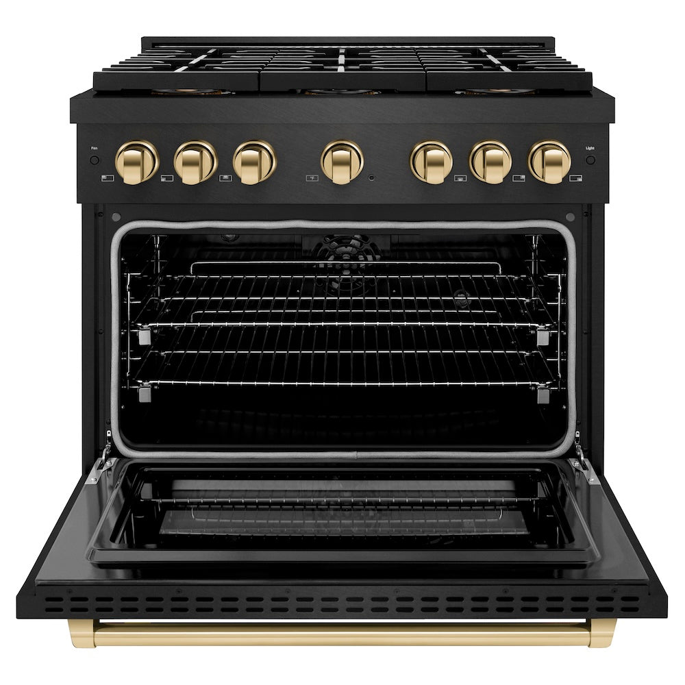 ZLINE Autograph Edition 36 in. 5.2 cu. ft. Paramount Dual Fuel Range with 6 Burner DuoPro™ Cooktop and Electric Convection Oven in Black Satin Stainless Steel and Polished Gold Accents (PSDRBSZ-36-G) front, oven open.