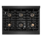 ZLINE Autograph Edition 36 in. 5.2 cu. ft. Paramount Dual Fuel Range with 6 Burner DuoPro™ Cooktop and Electric Convection Oven in Black Satin Stainless Steel and Polished Gold Accents (PSDRBSZ-36-G) top-down, above cooktop.