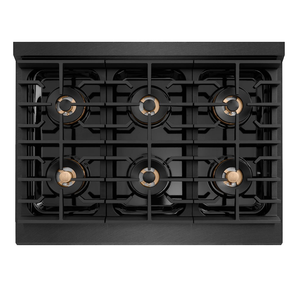 ZLINE Autograph Edition 36 in. 5.2 cu. ft. Paramount Dual Fuel Range with 6 Burner DuoPro™ Cooktop and Electric Convection Oven in Black Satin Stainless Steel and Polished Gold Accents (PSDRBSZ-36-G) top-down, above cooktop.