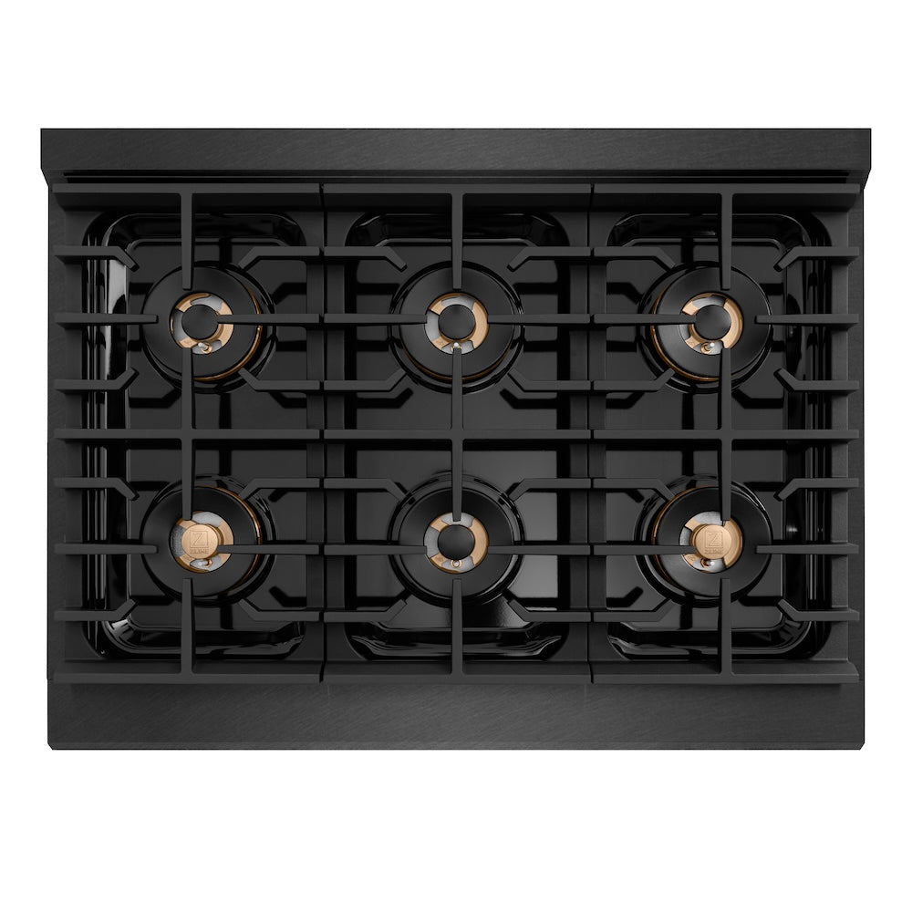 ZLINE Autograph Edition 36 in. 5.2 cu. ft. Paramount Dual Fuel Range with 6 Burner DuoPro™ Cooktop and Electric Convection Oven in Black Satin Stainless Steel and Polished Gold Accents, Open Box-Good Condition