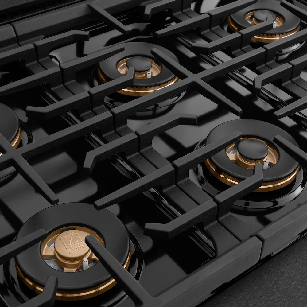ZLINE Designer Collection 36 in. 5.2 cu. ft. Paramount Dual Fuel Range with 6 Burner DuoPro™ Cooktop and Electric Convection Oven in Black Satin Stainless Steel with Matte Black and Champagne Bronze Accents (PSDRBSZ-36-MBCB) burner spread and grates.