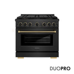 ZLINE Designer Collection 36 in. 5.2 cu. ft. Paramount Dual Fuel Range with 6 Burner DuoPro™ Cooktop and Electric Convection Oven in Black Satin Stainless Steel with Matte Black and Champagne Bronze Accents (PSDRBSZ-36-MBCB) front, with DuoPro™ logo.