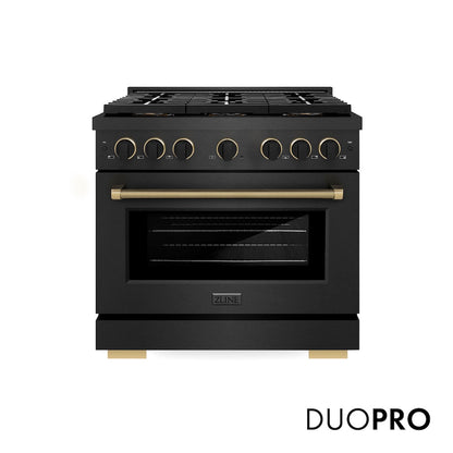 ZLINE Designer Collection 36 in. 5.2 cu. ft. Paramount Dual Fuel Range with 6 Burner DuoPro™ Cooktop and Electric Convection Oven in Black Satin Stainless Steel with Matte Black and Champagne Bronze Accents (PSDRBSZ-36-MBCB) front, with DuoPro™ logo.