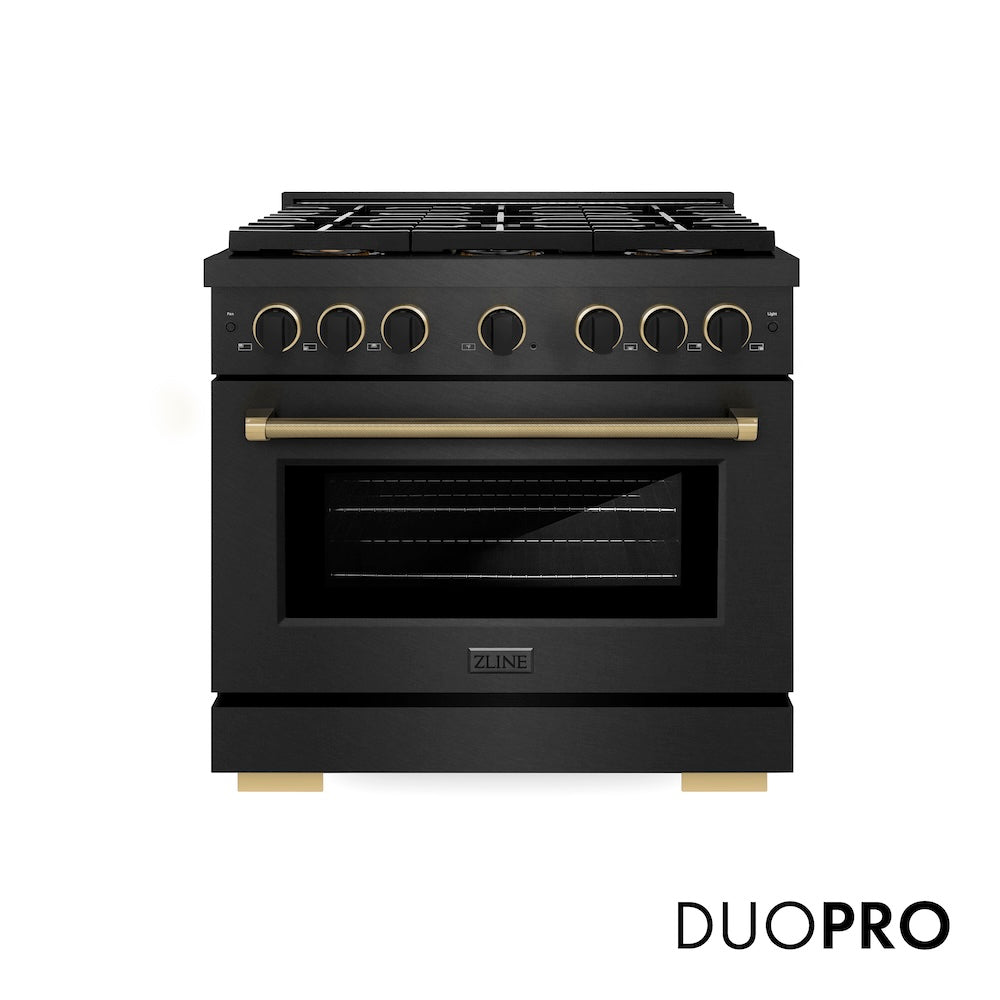 ZLINE Designer Collection 36 in. 5.2 cu. ft. Paramount Dual Fuel Range with 6 Burner DuoPro™ Cooktop and Electric Convection Oven in Black Satin Stainless Steel with Matte Black and Champagne Bronze Accents, Open Box-Good Condition