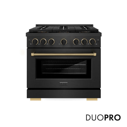 ZLINE Designer Collection 36 in. 5.2 cu. ft. Paramount Dual Fuel Range with 6 Burner DuoPro™ Cooktop and Electric Convection Oven in Black Satin Stainless Steel with Matte Black and Champagne Bronze Accents, Open Box-Good Condition