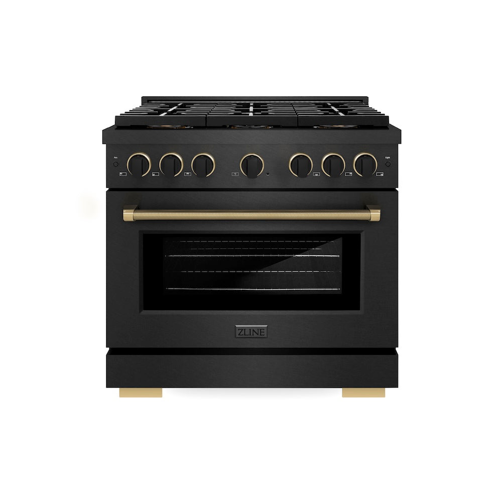 ZLINE Designer Collection 36 in. 5.2 cu. ft. Paramount Dual Fuel Range with 6 Burner DuoPro™ Cooktop and Electric Convection Oven in Black Satin Stainless Steel with Matte Black and Champagne Bronze Accents, Open Box-Good Condition