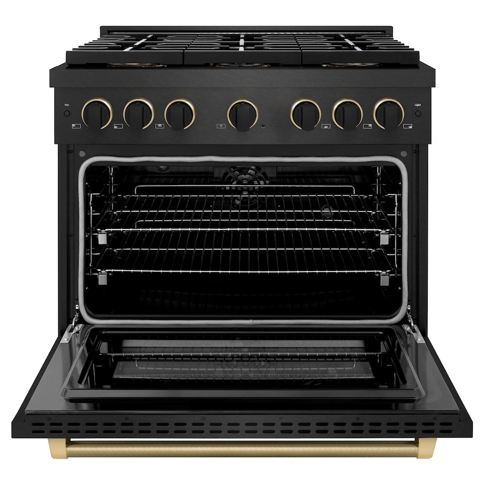 ZLINE Designer Collection 36 in. 5.2 cu. ft. Paramount Dual Fuel Range with 6 Burner DuoPro™ Cooktop and Electric Convection Oven in Black Satin Stainless Steel with Matte Black and Champagne Bronze Accents, Open Box-Good Condition