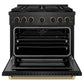 ZLINE Designer Collection 36 in. 5.2 cu. ft. Paramount Dual Fuel Range with 6 Burner DuoPro™ Cooktop and Electric Convection Oven in Black Satin Stainless Steel with Matte Black and Champagne Bronze Accents, Open Box-Great Condition