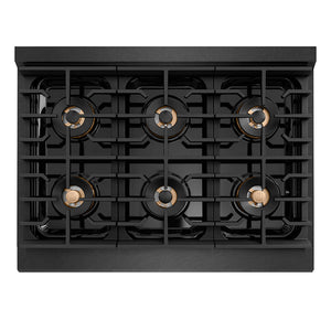 ZLINE Designer Collection 36 in. 5.2 cu. ft. Paramount Dual Fuel Range with 6 Burner DuoPro™ Cooktop and Electric Convection Oven in Black Satin Stainless Steel with Matte Black and Champagne Bronze Accents, Open Box-Great Condition