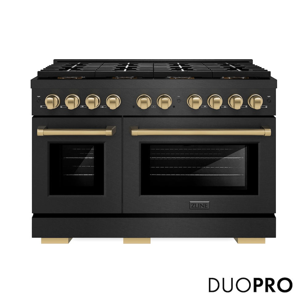 ZLINE Autograph Edition 48 in. 6.7 cu. ft. Paramount Dual Fuel Range with 8 Burner DuoPro™ Cooktop and Dual Ovens in Black Satin Stainless Steel and Champagne Bronze Accents, Open Box-Good Condition