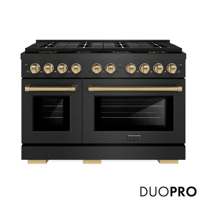 ZLINE Autograph Edition 48 in. 6.7 cu. ft. Paramount Dual Fuel Range with 8 Burner DuoPro™ Cooktop and Dual Ovens in Black Satin Stainless Steel and Champagne Bronze Accents, Open Box-Good Condition