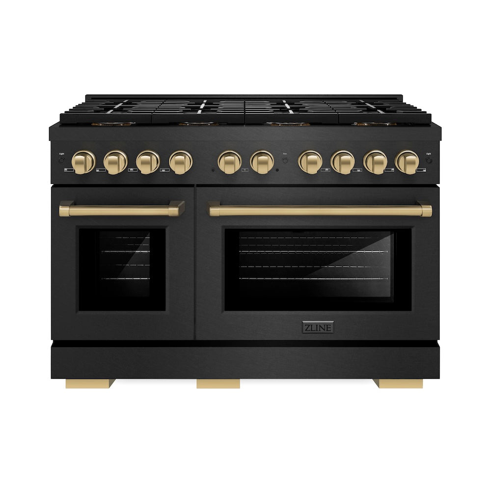 ZLINE Autograph Edition 48 in. 6.7 cu. ft. Paramount Dual Fuel Range with 8 Burner DuoPro™ Cooktop and Dual Ovens in Black Satin Stainless Steel and Champagne Bronze Accents (PSDRBSZ-48-CB) front.