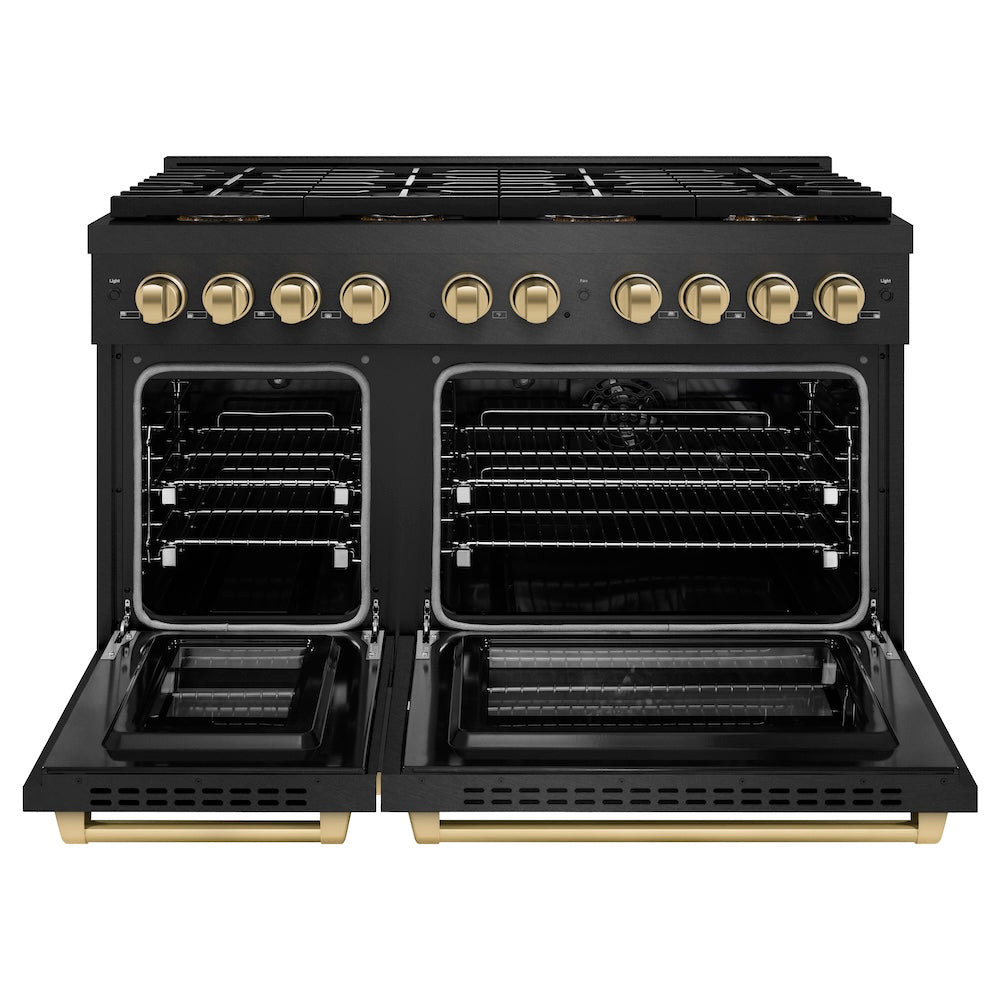 ZLINE Autograph Edition 48 in. 6.7 cu. ft. Paramount Dual Fuel Range with 8 Burner DuoPro™ Cooktop and Dual Ovens in Black Satin Stainless Steel and Champagne Bronze Accents (PSDRBSZ-48-CB) front, oven open.