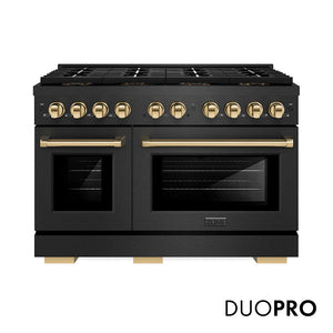 ZLINE Autograph Edition 48 in. 6.7 cu. ft. Paramount Dual Fuel Range with 8 Burner DuoPro™ Cooktop and Dual Ovens in Black Satin Stainless Steel and Polished Gold Accents, Open Box-Great Condition main image.