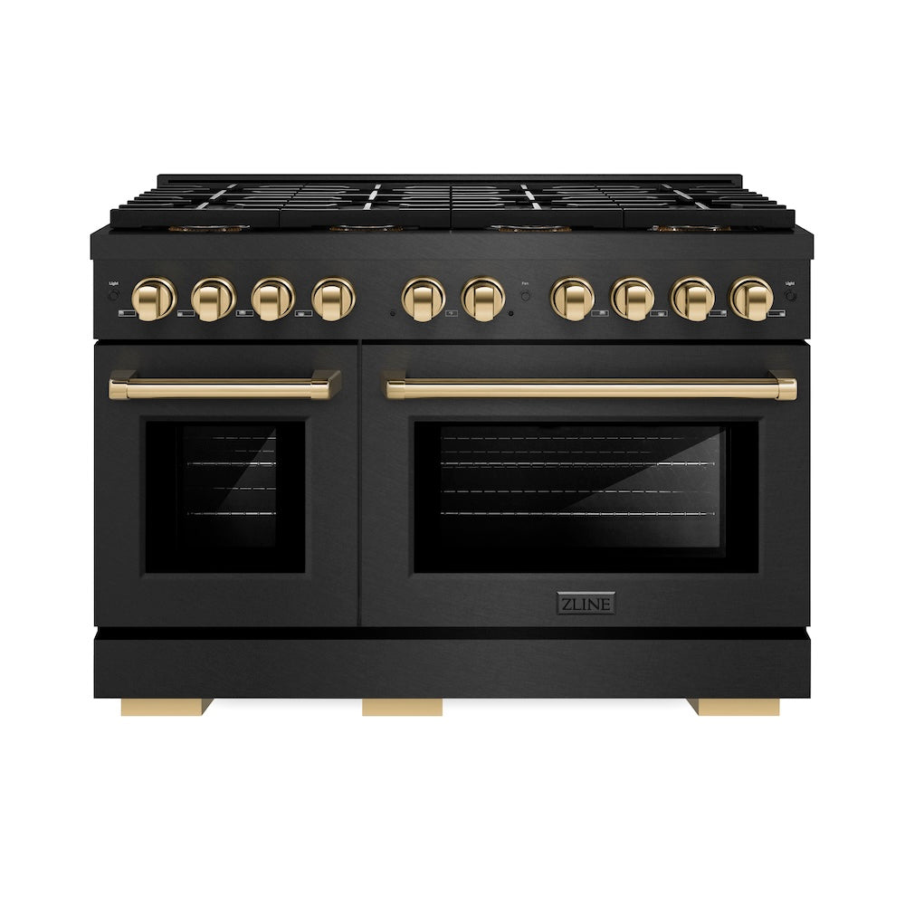 ZLINE Autograph Edition 48 in. 6.7 cu. ft. Paramount Dual Fuel Range with 8 Burner DuoPro™ Cooktop and Dual Ovens in Black Satin Stainless Steel and Polished Gold Accents, Open Box-Good Condition