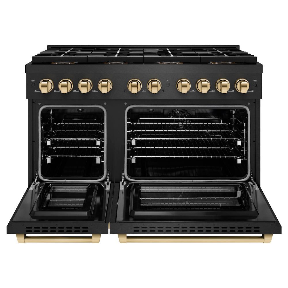 ZLINE Autograph Edition 48 in. 6.7 cu. ft. Paramount Dual Fuel Range with 8 Burner DuoPro™ Cooktop and Dual Ovens in Black Satin Stainless Steel and Polished Gold Accents, Open Box-Good Condition