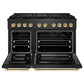 ZLINE Autograph Edition 48 in. 6.7 cu. ft. Paramount Dual Fuel Range with 8 Burner DuoPro™ Cooktop and Dual Ovens in Black Satin Stainless Steel and Polished Gold Accents (PSDRBSZ-48-G) front, oven open.