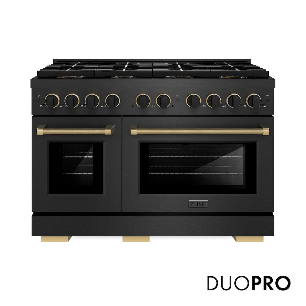 ZLINE Designer Collection 48 in. 6.7 cu. ft. Paramount Dual Fuel Range with 8 Burner DuoPro™ Cooktop and Dual Ovens in Black Satin Stainless Steel with Matte Black and Champagne Bronze Accents (PSDRBSZ-48-MBCB) front, with DuoPro™ logo.