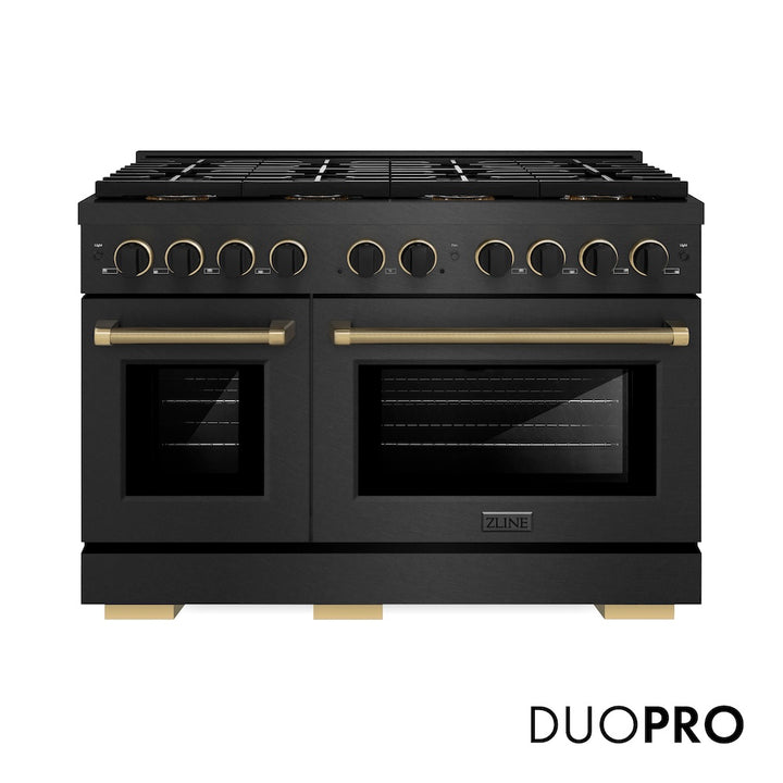 ZLINE Designer Collection 48 in. 6.7 cu. ft. Paramount Dual Fuel Range with 8 Burner DuoPro™ Cooktop and Dual Ovens in Black Satin Stainless Steel with Matte Black and Champagne Bronze Accents (PSDRBSZ-48-MBCB)